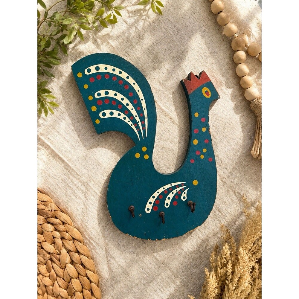 VTG key holder wooden granny core country chicken hen rooster decor Kitschy 7x6x
